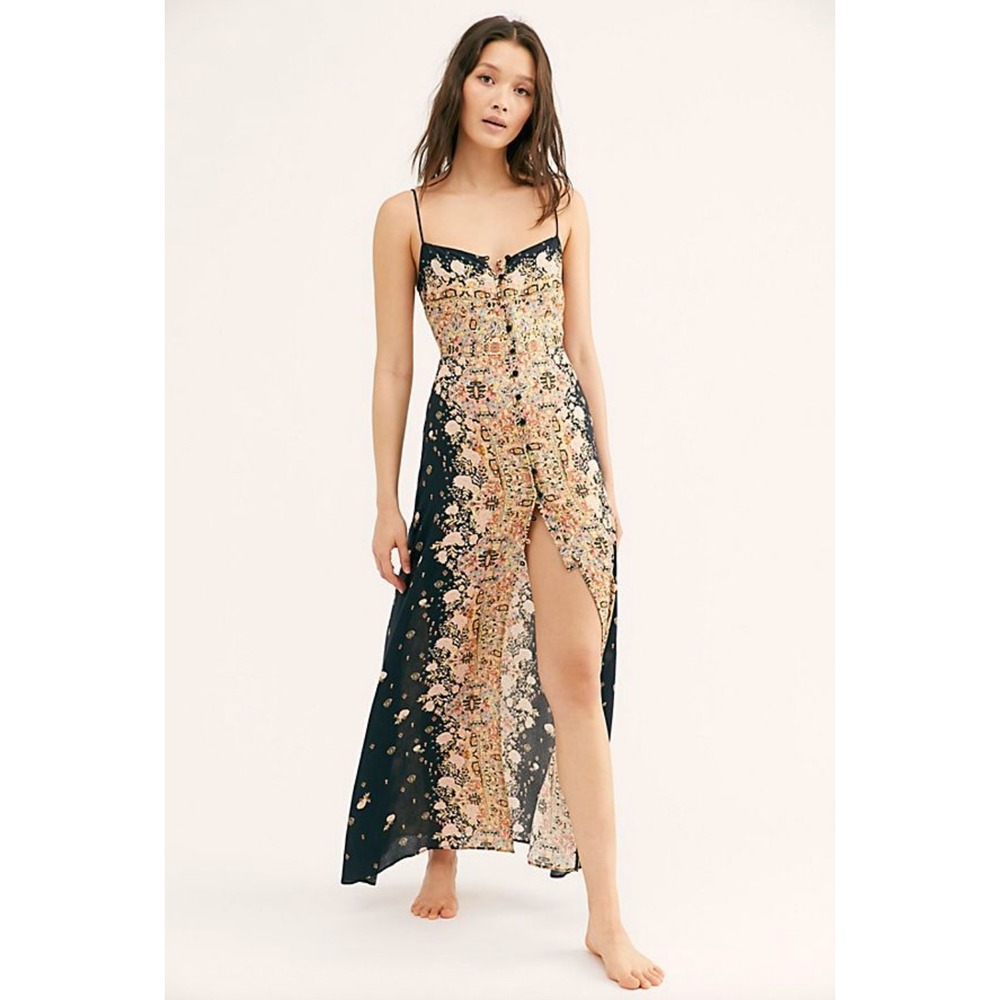 Intimately Free People Morning Song Dress Black Floral Button Front Maxi Small